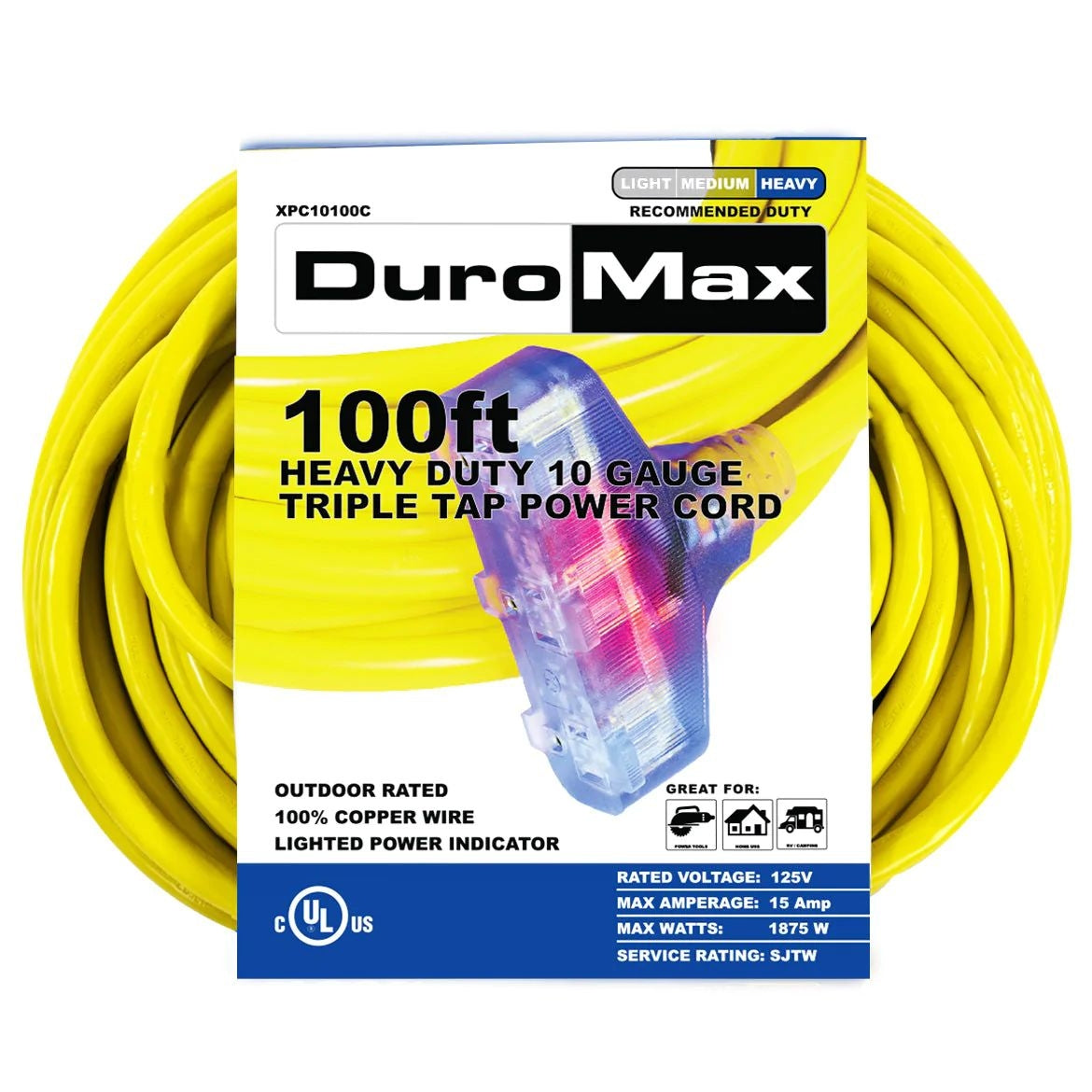 DuroMax XPC10100C 100-Foot 10-Gauge Triple Tap Extension Power Cord