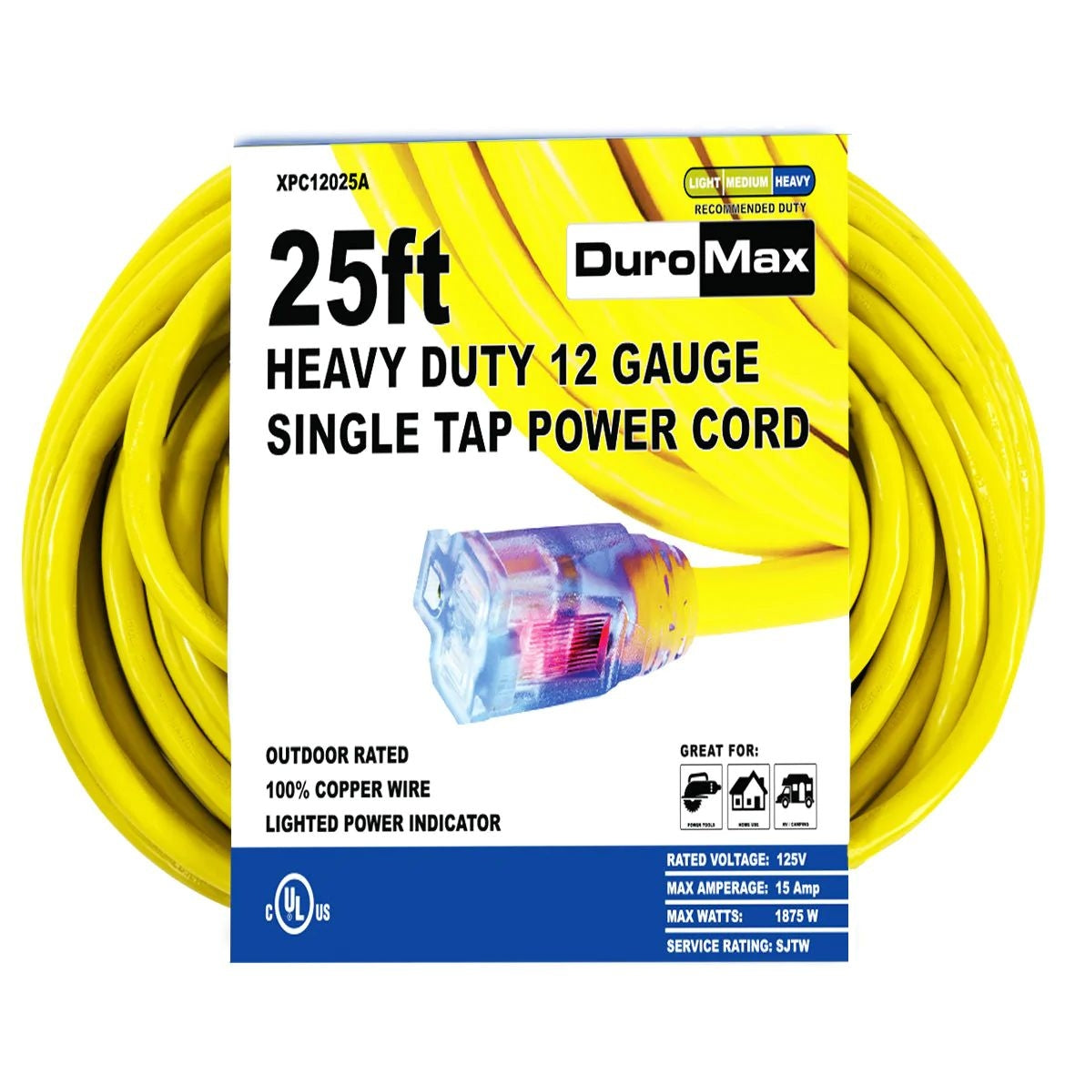 DuroMax XPC12025A 25-Foot 12-Gauge Single Tap Extension Power Cord