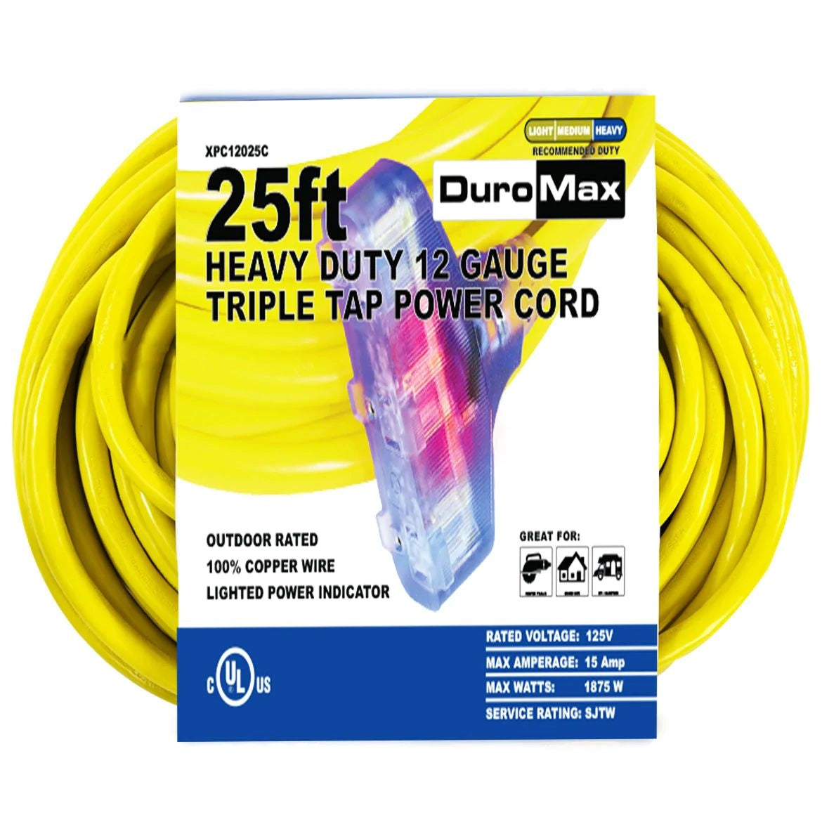 DuroMax XPC12025C 25-Foot 12-Gauge Triple Tap Extension Power Cord