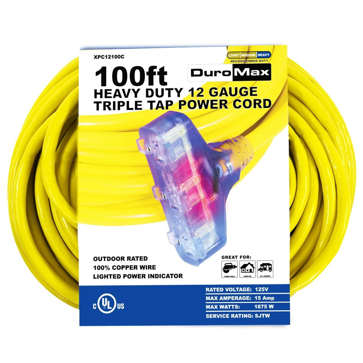 DuroMax XPC12100C 100-Foot 12-Gauge Triple Tap Extension Power Cord