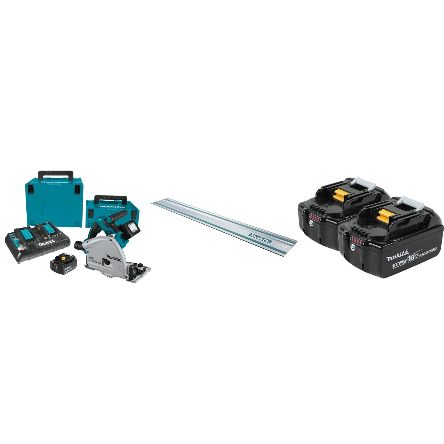 Makita Cordless Brushless 36V LXT 6-1/2-Inch Track Saw 5.0Ah Kit with 55 In. Guide Rail for Track Saws and 18V LXT 5.0AH Batteries, 2-Pack