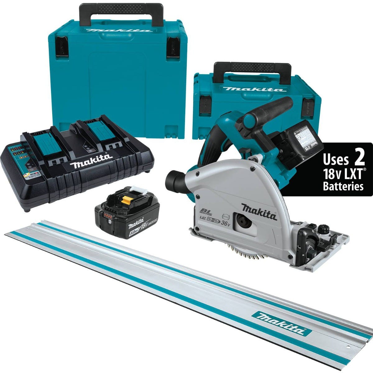 Makita XPS01PTJ Cordless Brushless 36V LXT 6-1/2-Inch Track Saw with 55-Inch Guide Rail 5.0Ah Kit