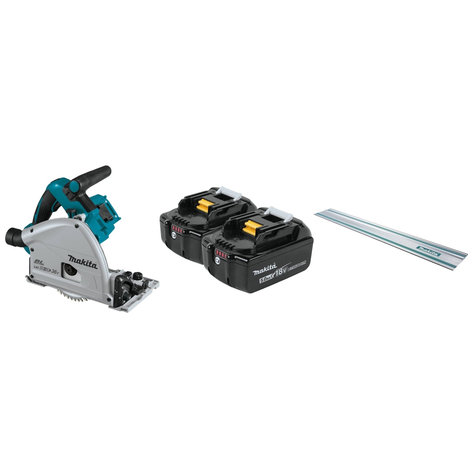 Makita Cordless Brushless 36V LXT 6-1/2" Track Saw with 18V Batteries, 2-Pack and 55 Inch Guide Rail for Track Saws