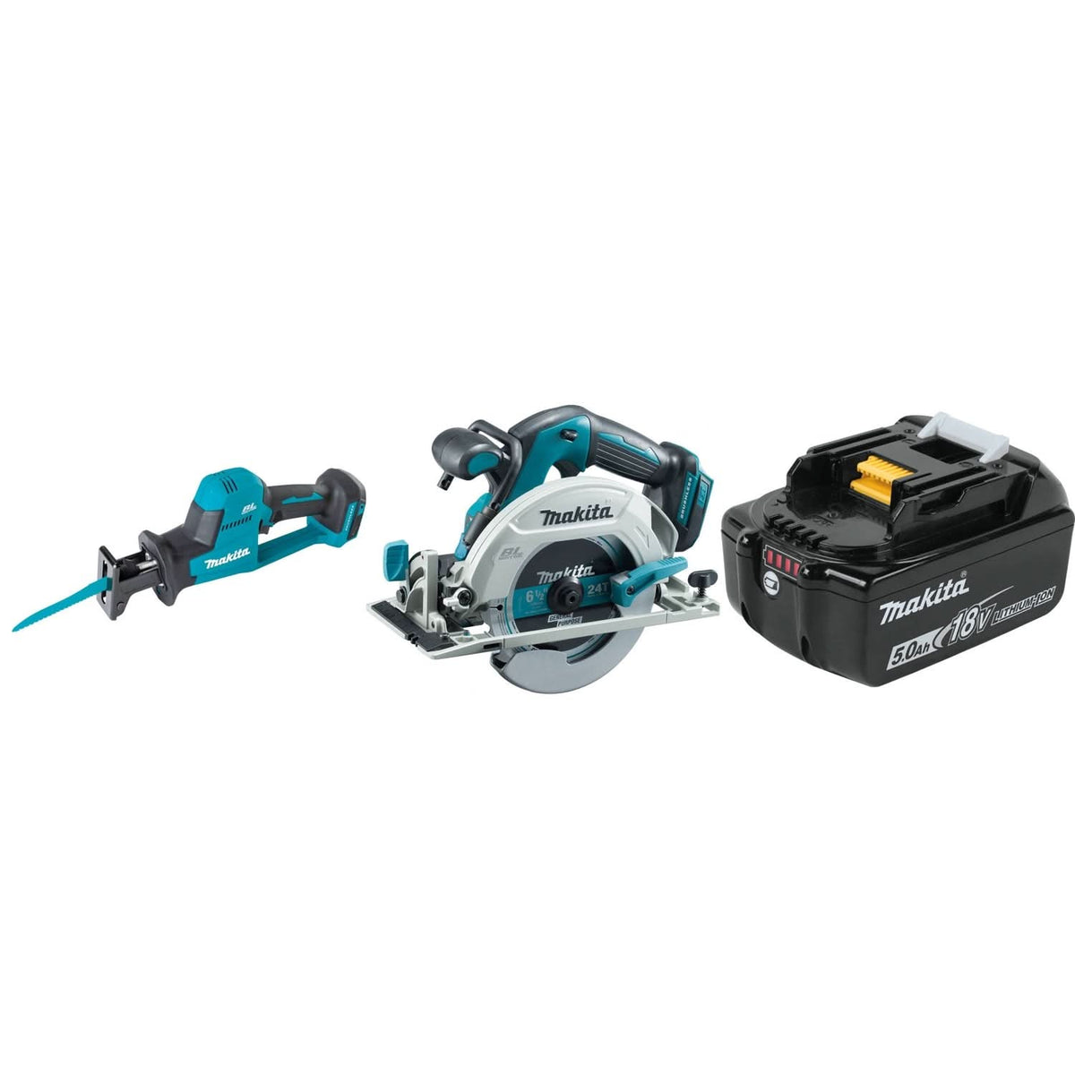 Makita 18V LXT Lithium-Ion Brushless Cordless Compact One-Handed Recipro Saw, 18V LXT Brushless Cordless 6-1/2" Circular Saw, and 18V LXT 5.0aH Battery
