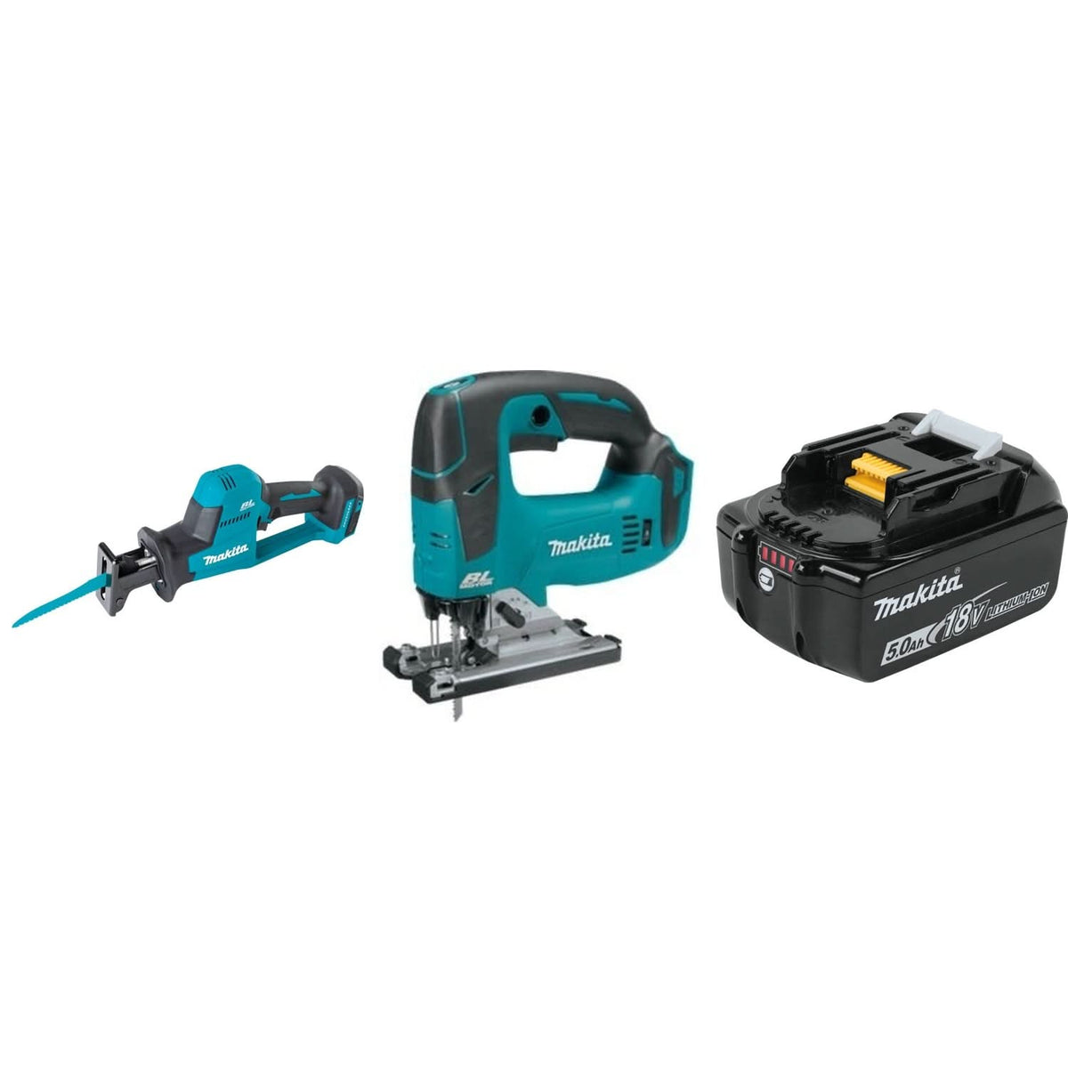 Makita 18V LXT Lithium-Ion Brushless Cordless Compact One-Handed Recipro Saw, 18V LXT Jigsaw, and 18V LXT 5.0aH Battery