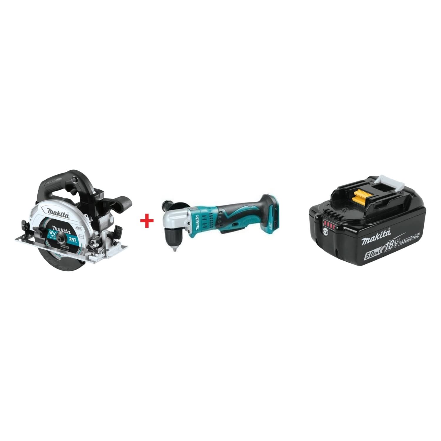 Makita 18V LXT Sub-Compact Brushless 6-1/2" Circular Saw w/ 18V LXT 3/8" Angle Drill & 18V LXT 5.0Ah Battery