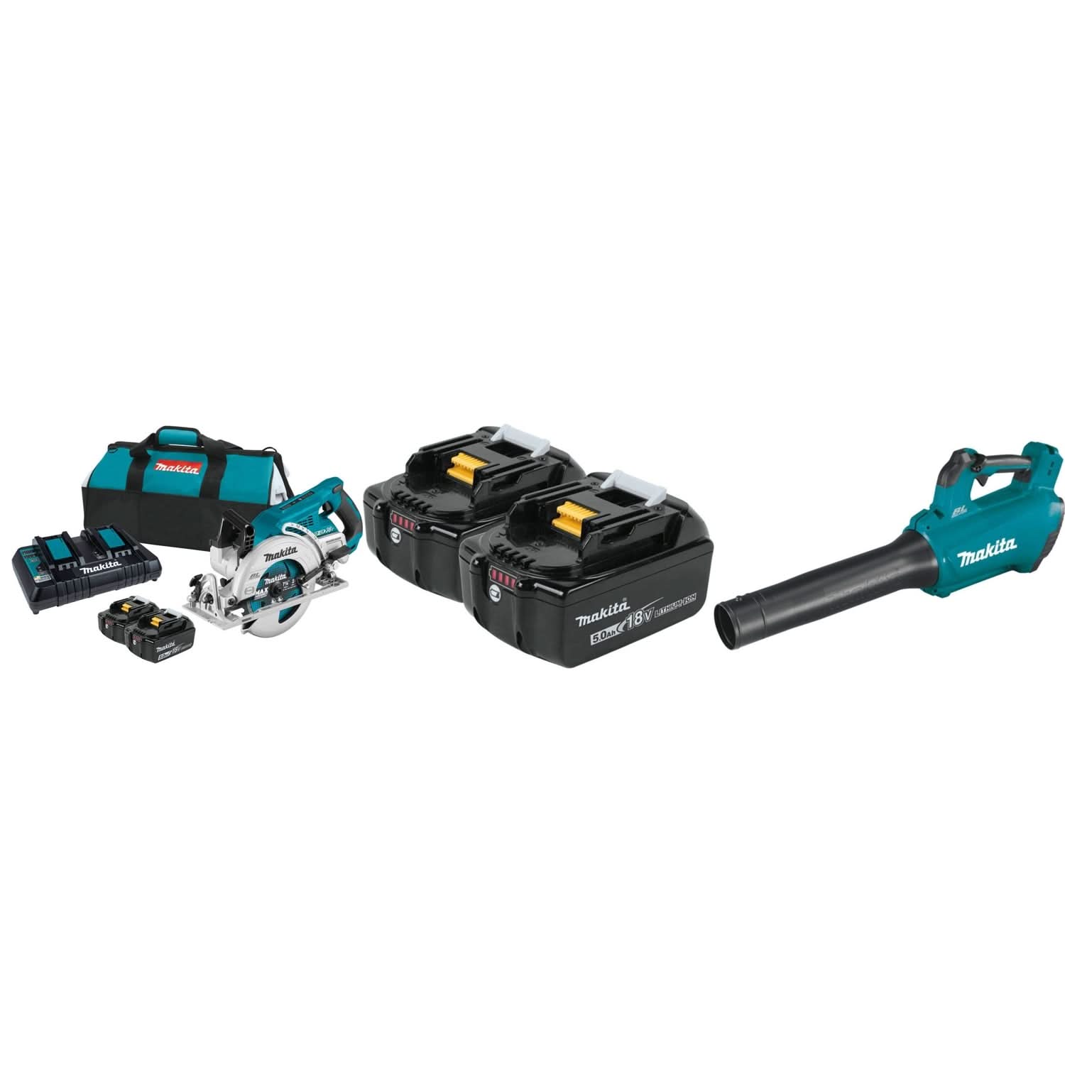 Makita 18V LXT X2 (36V) Rear Handle Circular Saw 5.0Ah Kit with Cordless Blower and 4-Pack Batteries