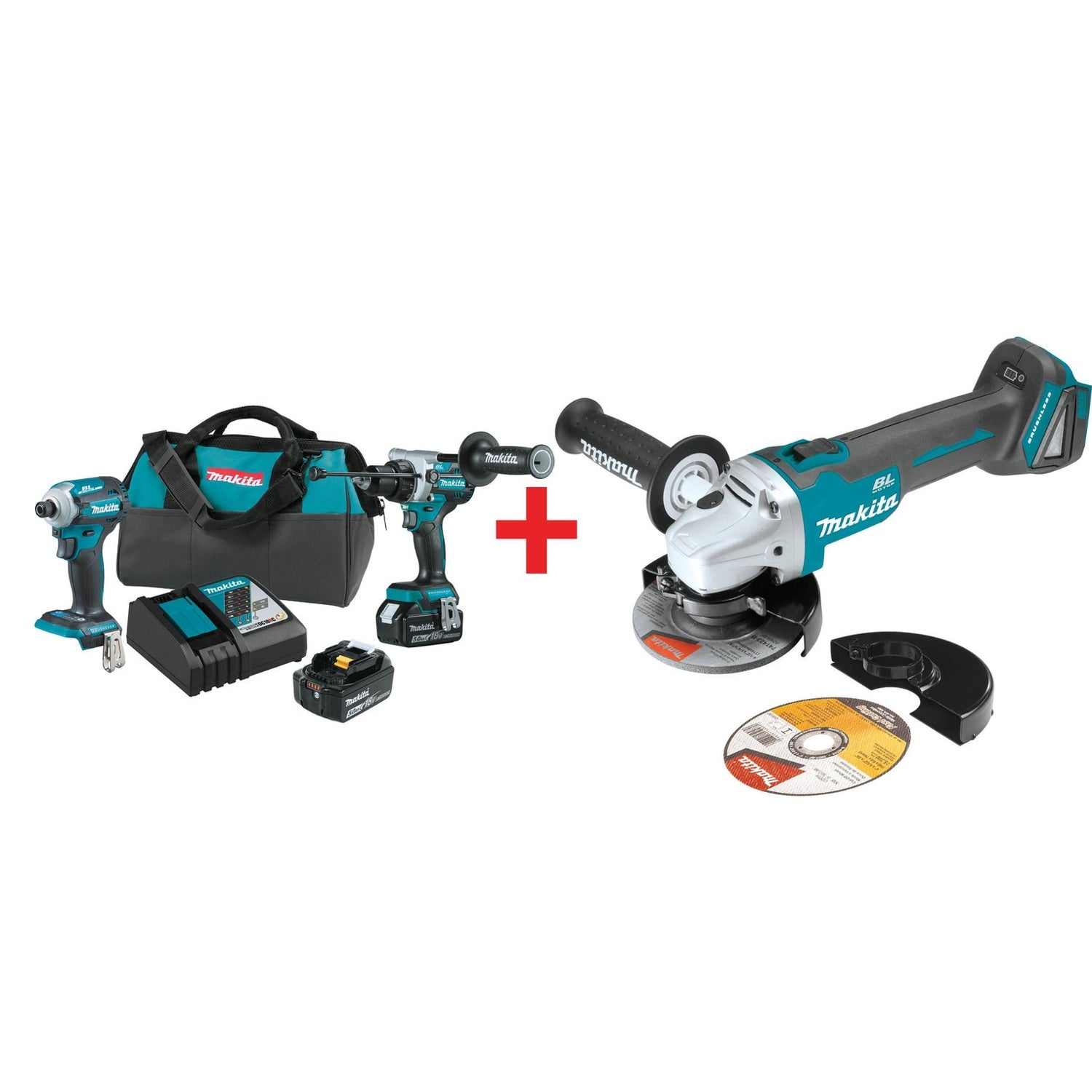 Makita 18V LXT Brushless Impact Driver, Hammer Drill and 4-1/2 / 5" Cut-Off/Angle Grinder 5.0Ah Combo Kit