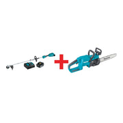 Makita 18V LXT Brushless Couple Shaft Power Head 4.0Ah Kit, String Trimmer Attachment, and 14" Chain Saw (Bare Tool)