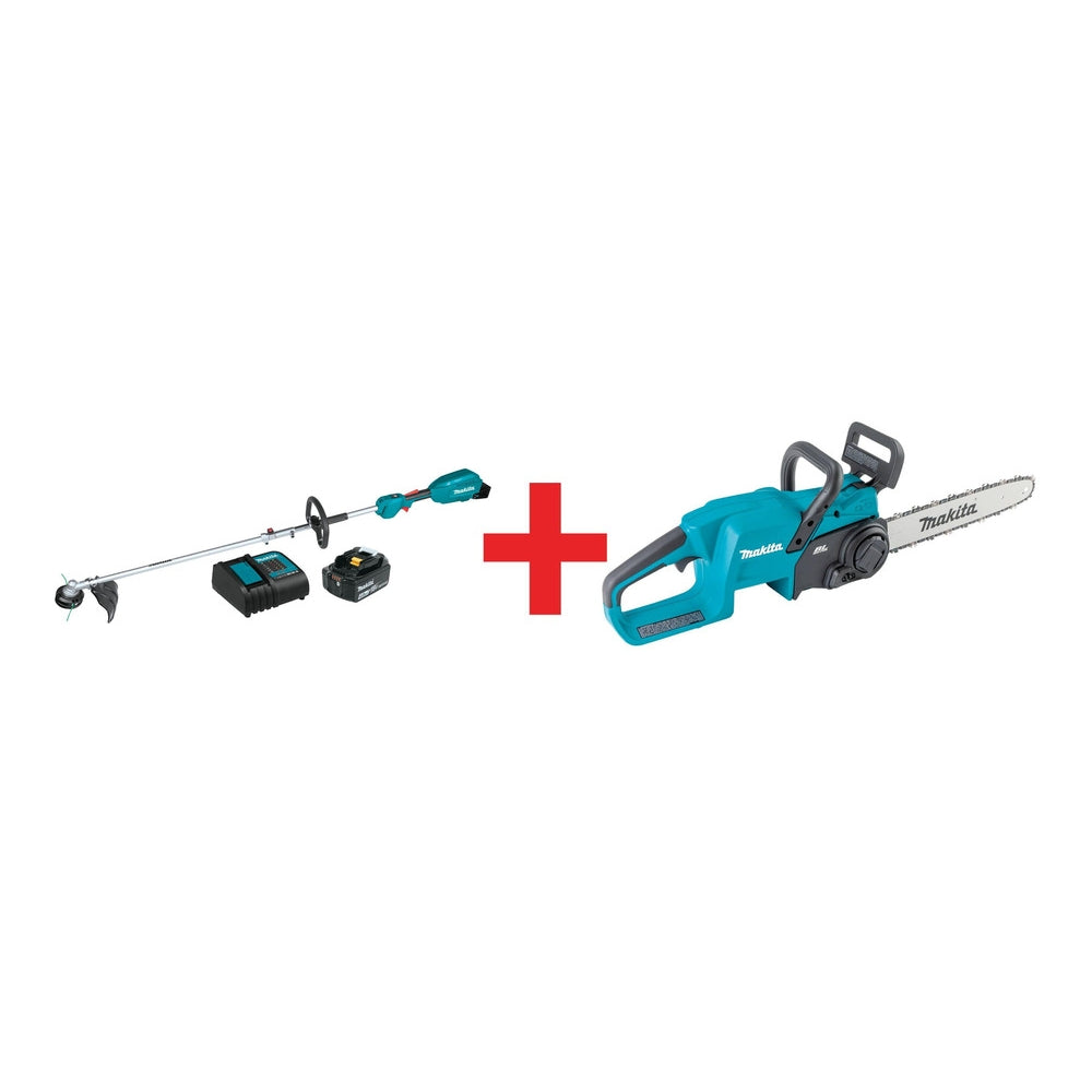Makita 18V LXT Brushless Couple Shaft Power Head 4.0Ah Kit, String Trimmer Attachment, and 14" Chain Saw (Bare Tool)