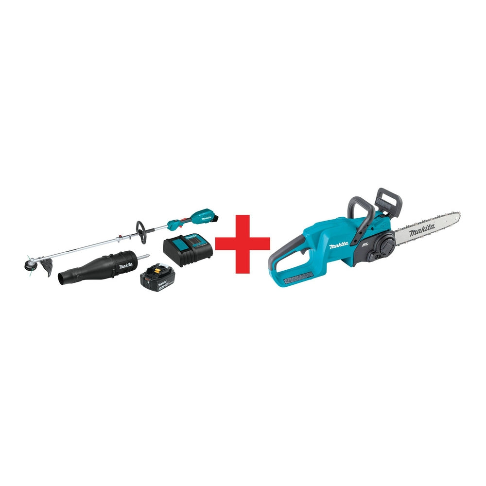Makita 18V LXT Lithium-Ion Brushless Cordless Couple Shaft Power Head Kit, Two Attachments (4.0Ah), and 14" Chain Saw (Bare Tool)