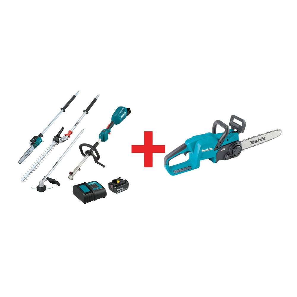 Makita 18V LXT Brushless Couple Shaft Power Head Kit, Three Attachments (4.0Ah), and 14" Chain Saw (Bare Tool)