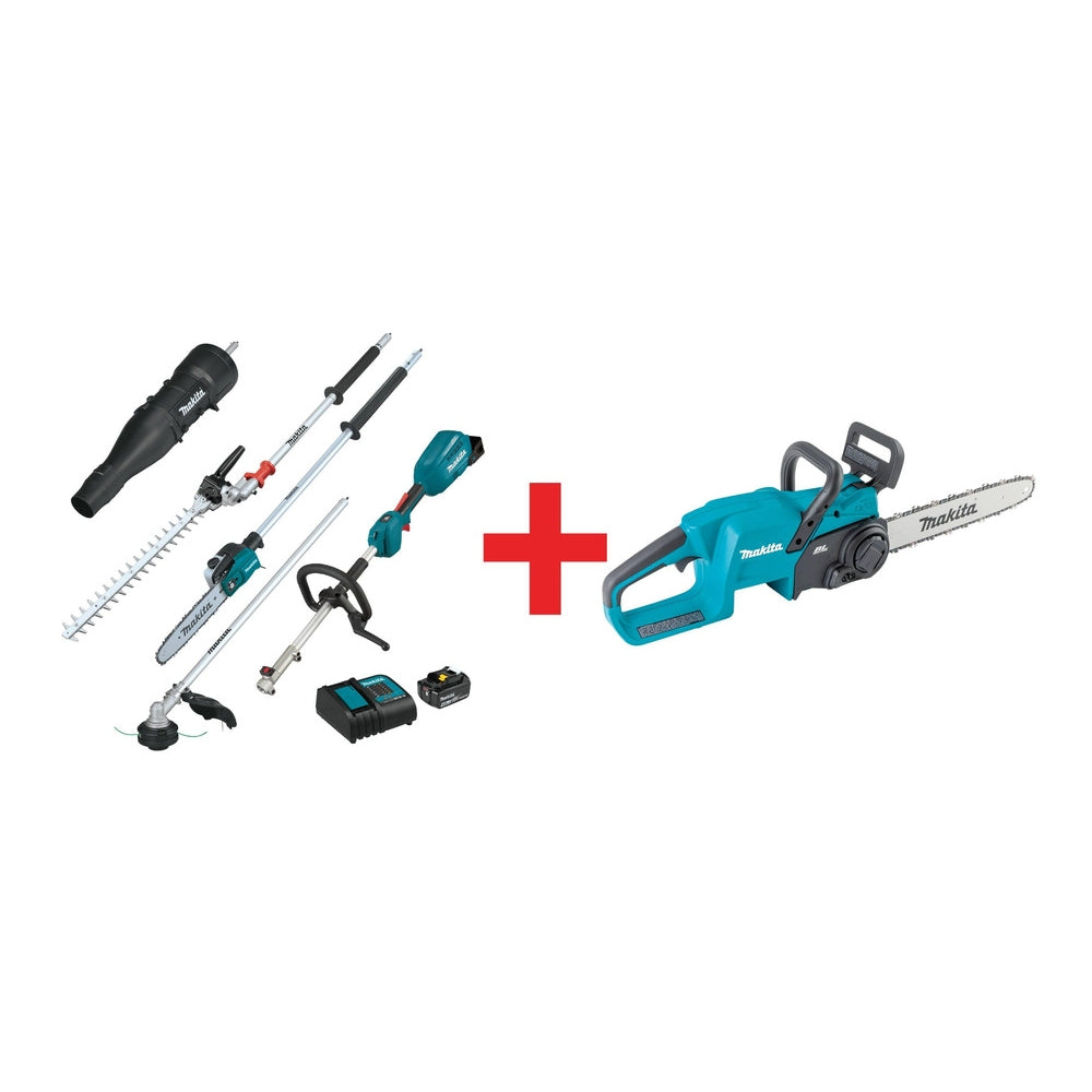 Makita 18V LXT Brushless Couple Shaft Power Head Kit, Four Attachments (4.0Ah), and 14" Chain Saw, Tool Only