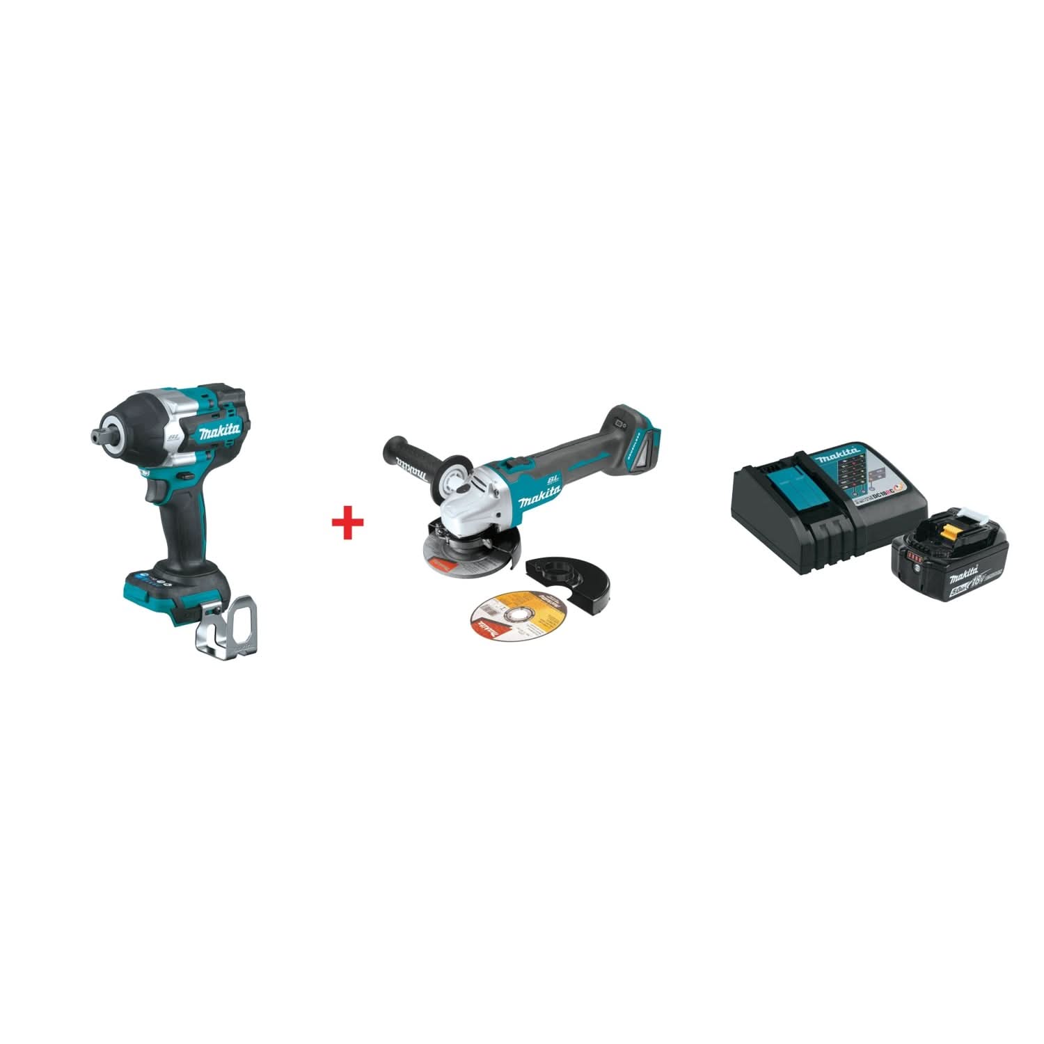 Makita 18V LXT Lithium-Ion Brushless Cordless 4-Speed Mid-Torque 1/2-Inch Sq. Drive Impact Wrench, 4-1/2 / 5" Cut-Off/Angle Grinder, and 18V 5.0Ah Battery and Charger Starter Pack