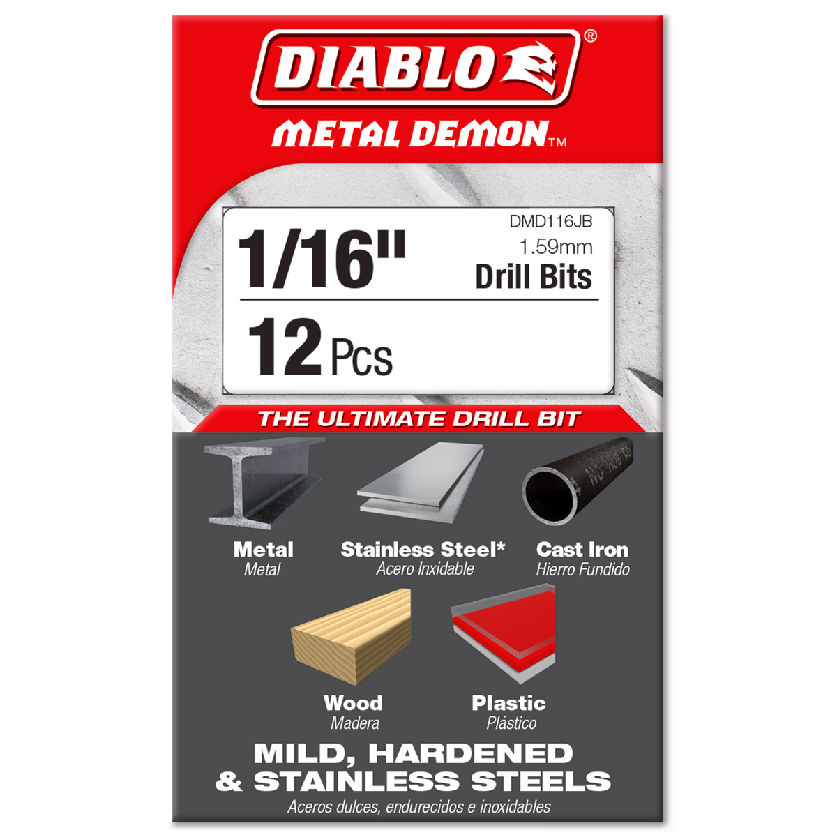 Diablo 1/16 in. Metal Demon Drill Bit for Mild, Hardened and Stainless Steels (DMD116JB) in retail packaging