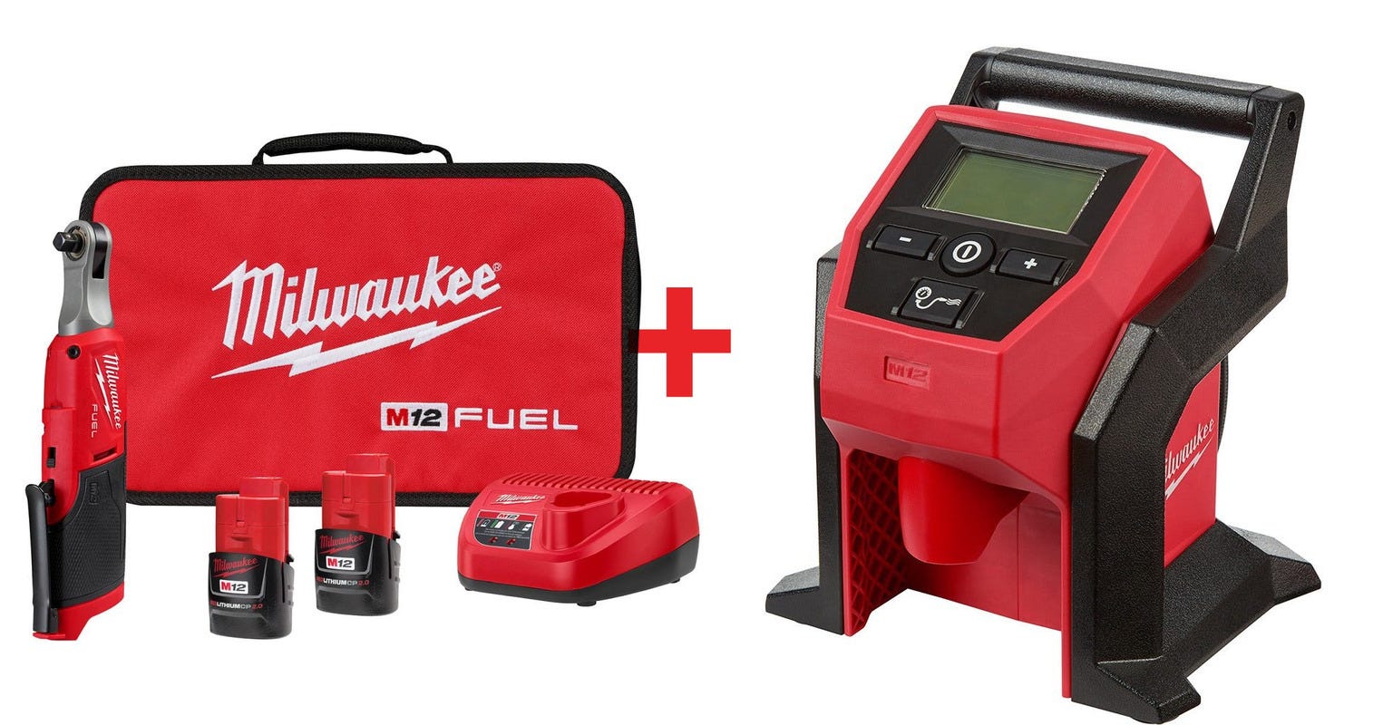 Milwaukee M12 FUEL 3/8-Inch High Speed Ratchet 2.0Ah Kit and M12 Cordless  Compact Tire Inflator, Tool Only