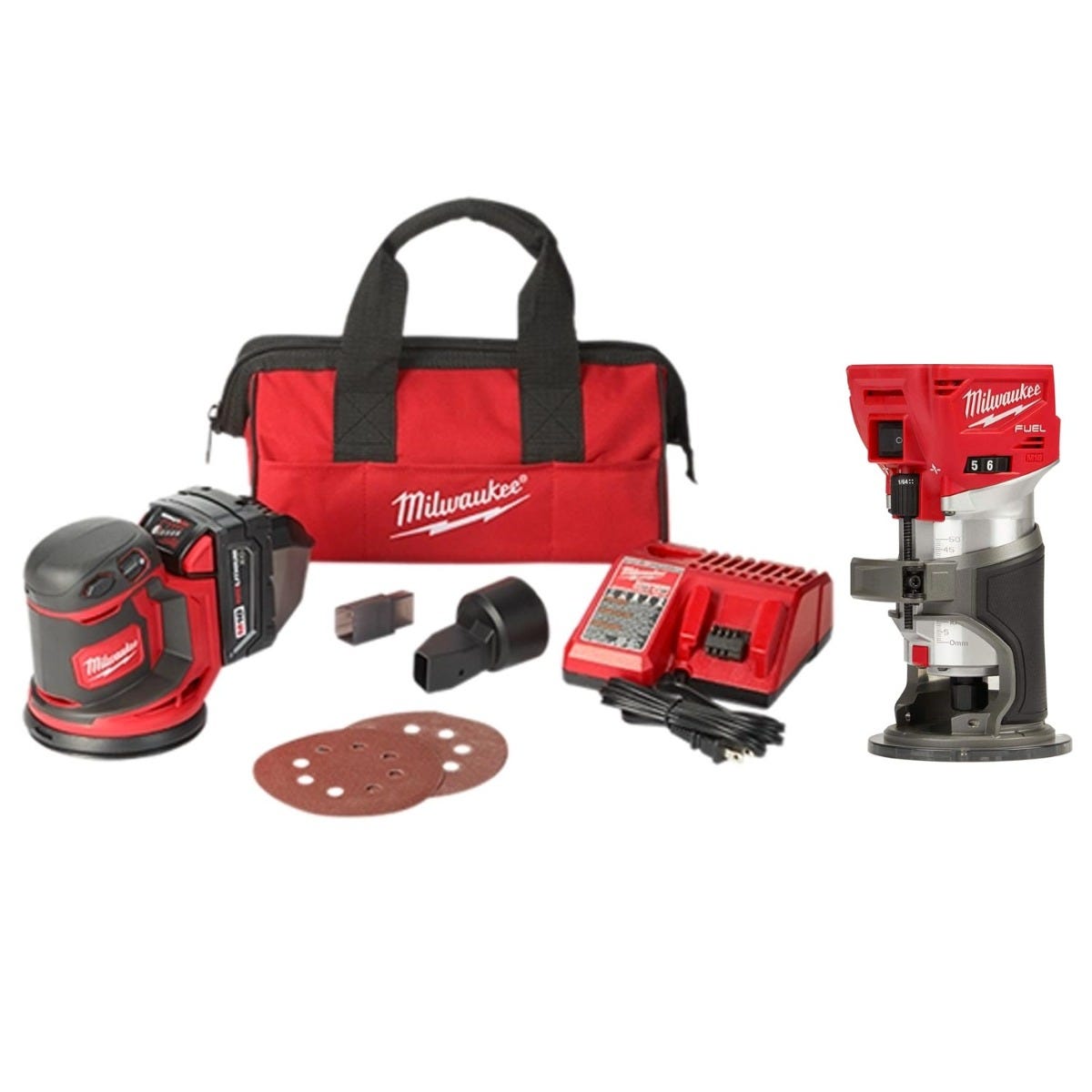 The Tool Nut Milwaukee M18 FUEL Compact Router and 5-Inch Random Orbit Sander 3.0Ah Holiday Combo Kit $279 (reg $398)