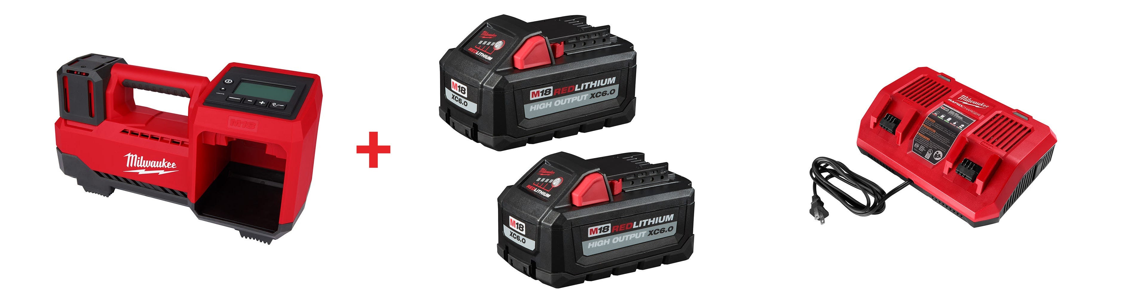 Milwaukee M18 Compact Tire Inflator with 6.0Ah Battery 2 Pack and M18 Dual Bay Simultaneous Rapid Charger