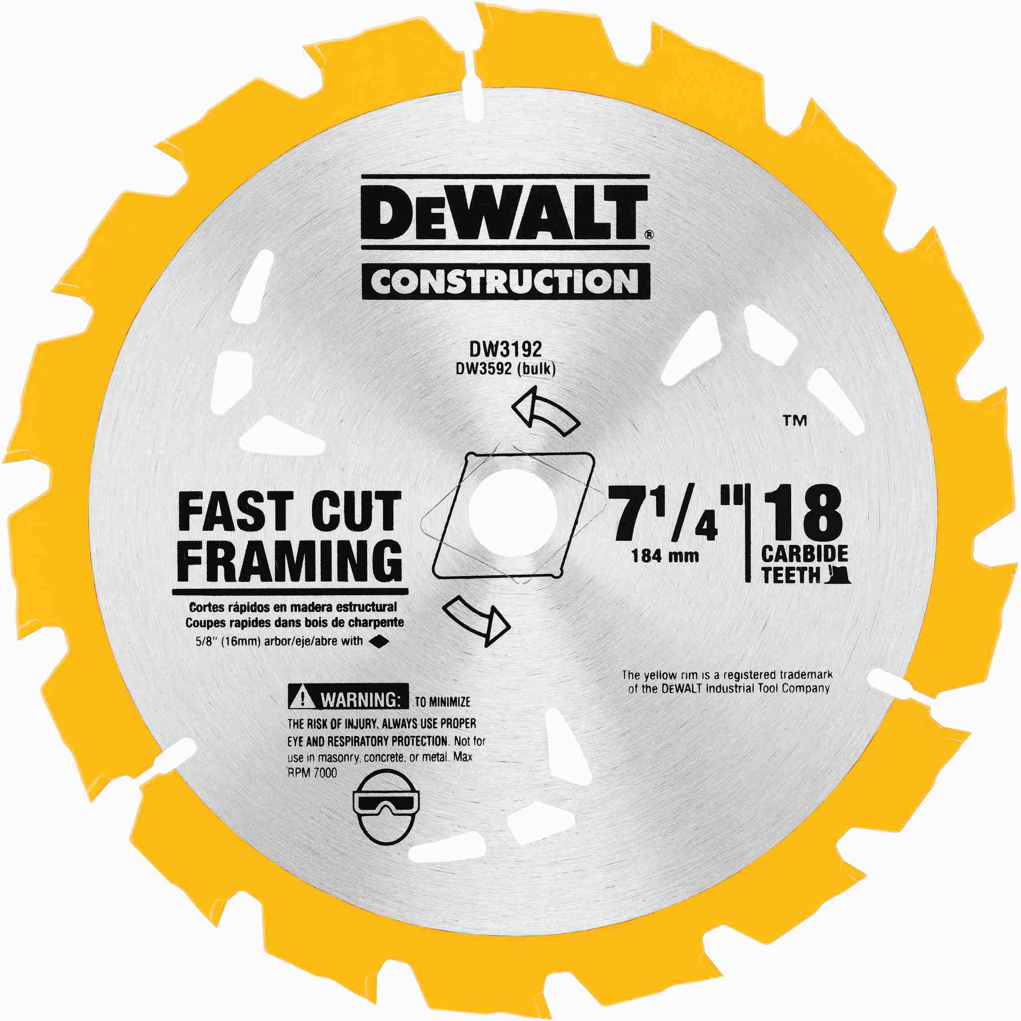 Dewalt DW3192 7-1/4" x 18 Carbide Teeth Fast Cut Framing Circular Saw Blade