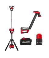 Milwaukee M18 ROCKET 6,000-Lumen Tower Light/Charger (Bare Tool) with M18 HIGH OUTPUT XC 8.0Ah Battery, M12 Underbody 1,200-Lumen Articulating Light (Bare Tool), and M12 HIGH OUTPUT CP 2.5Ah Battery Pack