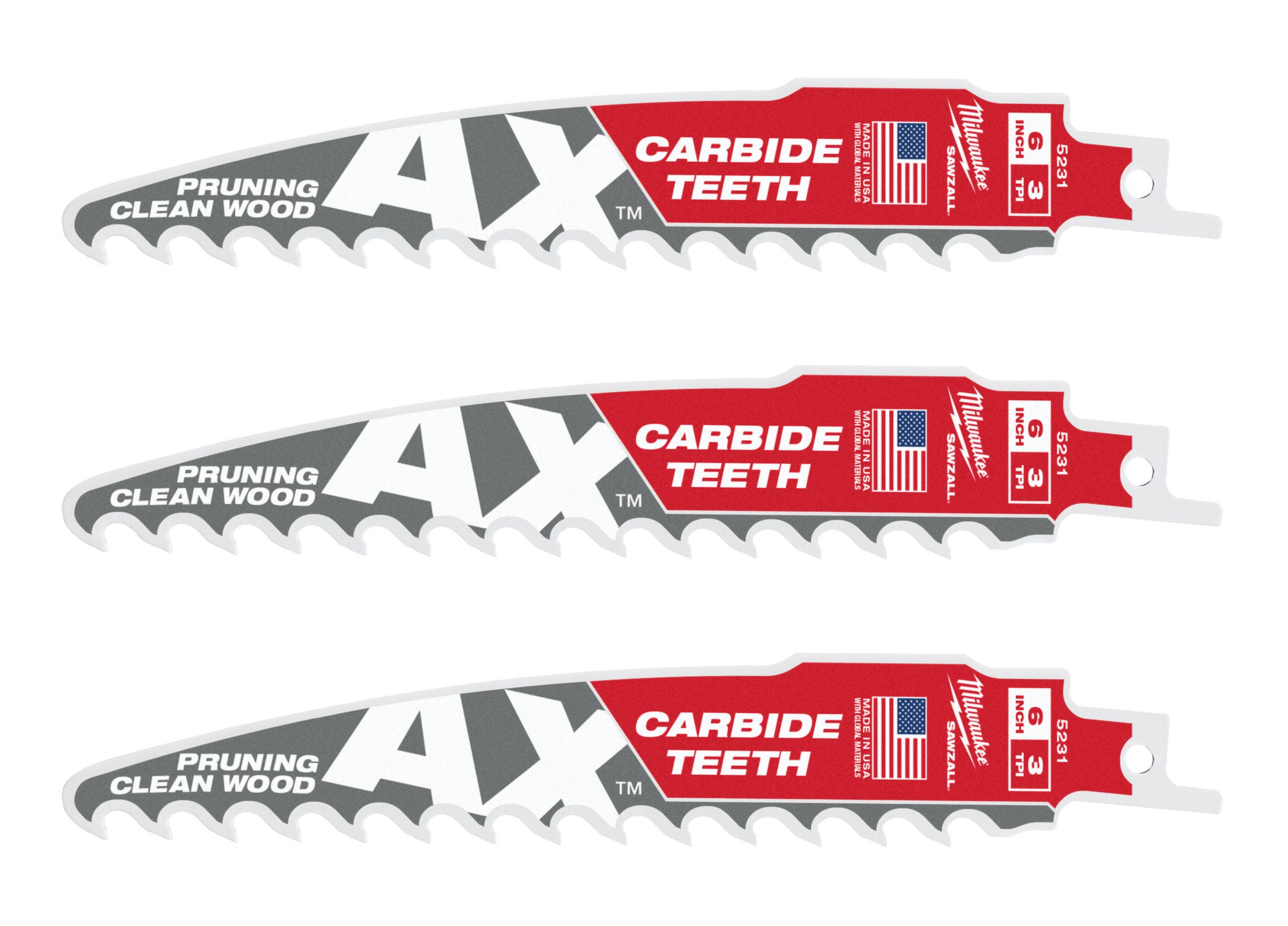 Milwaukee 48 00 5331 6 Inch 3 TPI The AX with Carbide Teeth for Pruning Clean Wood SAWZALL Reciprocating Saw Blade 3 Pack