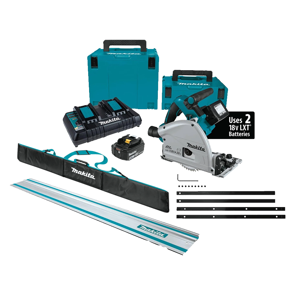 Makita XPS01PTJ Cordless Brushless 36V LXT 6-1/2-Inch 5.0Ah Track Saw with  55-Inch Guide Rail Kit and Protective Bag