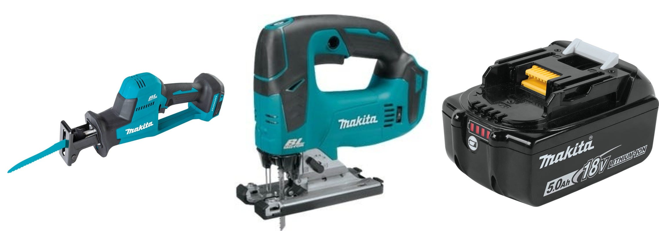 Makita 18V LXT Lithium-Ion Brushless Cordless Compact One-Handed Recipro Saw,  18V LXT Jigsaw, and 18V LXT 5.0aH Battery