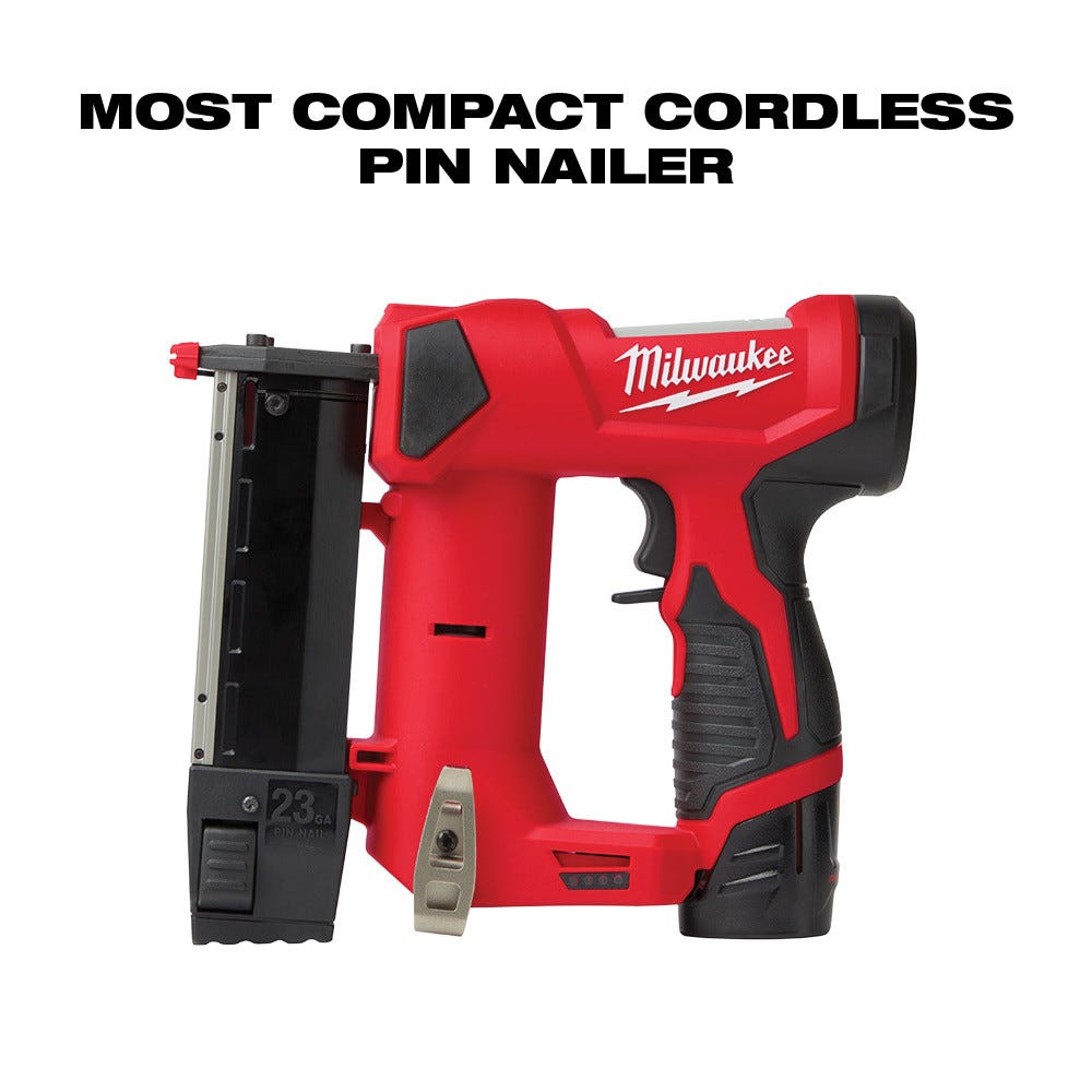 Picture showing Milwaukee 2540 23 Gauge Pin Nailer with most compact cordless pin nailer text