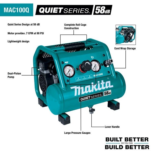 Makita MAC100QK1 Quiet Series 1/2 HP, Gallon Compact, Oil-Free, Electric  Air Compressor, and 18 Gauge Brad Nailer Combo Kit