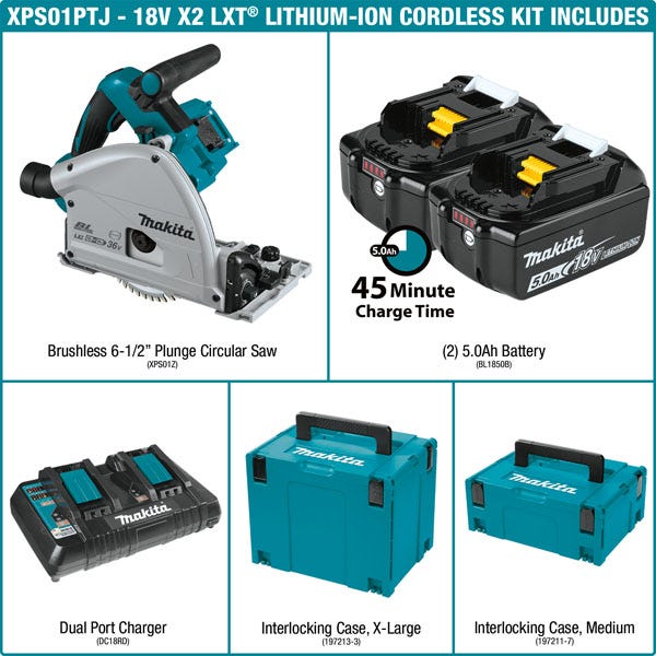 Makita XPS01PTJ Cordless Brushless 36V LXT 6-1/2-Inch 5.0Ah Track Saw with  55-Inch Guide Rail Kit and Protective Bag