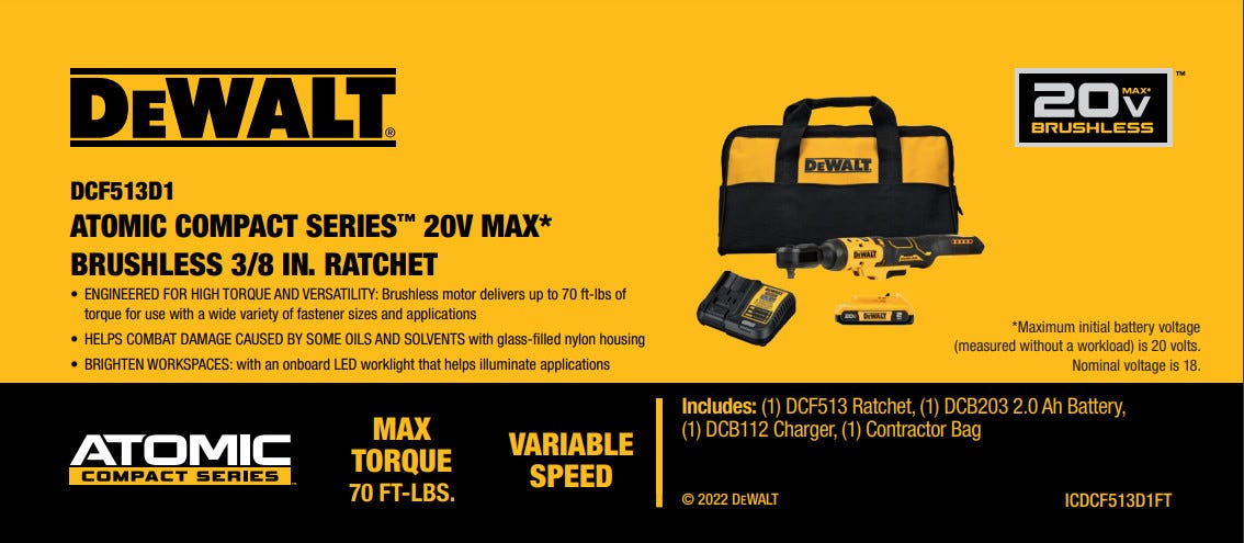 DeWALT DCF513D1 ATOMIC 20V MAX Brushless Cordless 3/8-in. Ratchet Kit
