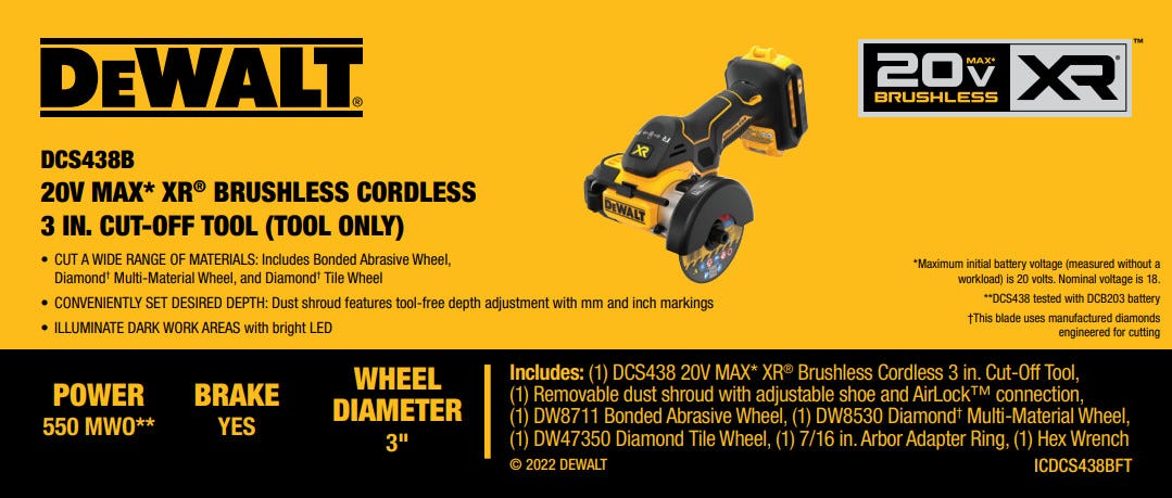 DeWalt DCS438B 20V MAX XR Brushless in. Cut-Off Tool (Tool Only)